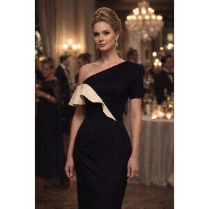 $2300 Carolina Herrera One Shoulder Ruffle Neoprene Sheath SZ 6